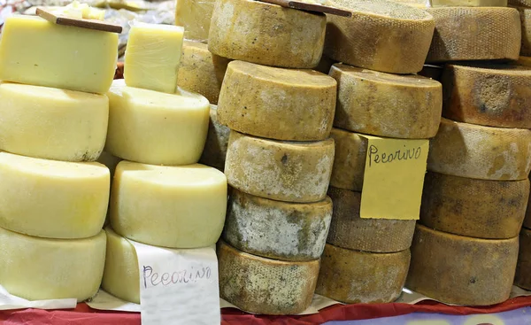 Cheeses Sale Text Pecorino Means Made Sheep Milk Italian Language — Stock Photo, Image