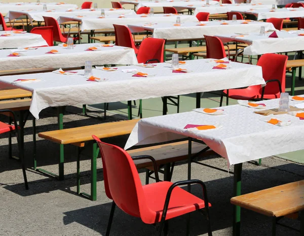 Many Tables Set Outdoors Big Lunch Many Guests — Stock Photo, Image