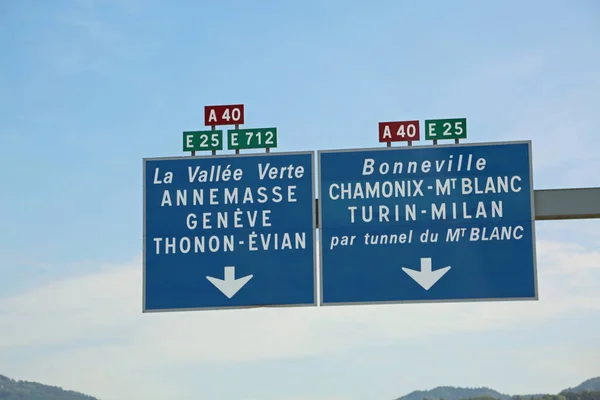 Big French Road Sign Directions Mont Blanc Tunnel Border Italy — Stock Photo, Image