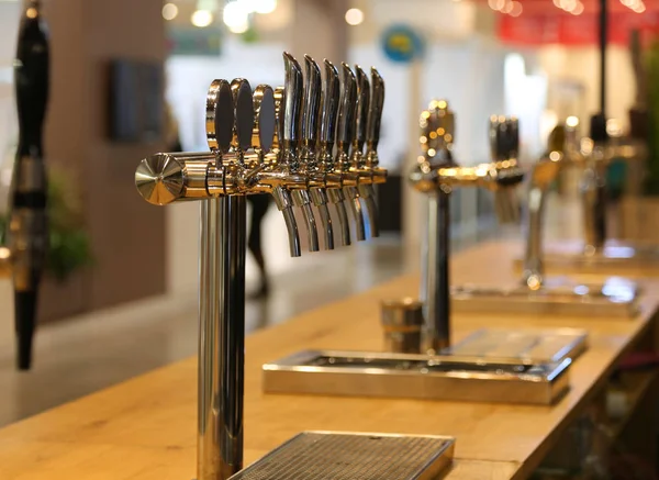 Many Draft Beer Taps Counter Irish Pub — Stock Photo, Image