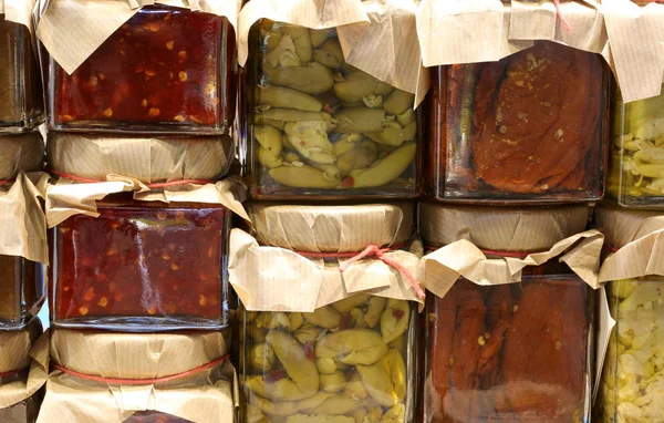 Frascos Con Pimientos Verduras Escabeche Preparados Mano Sur Italia —  Fotos de Stock