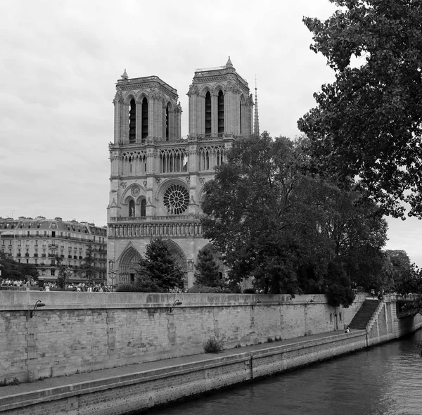 Gothic Basilica Notre Dame Paris Seine River France Black Whitetoned — Stock Photo, Image