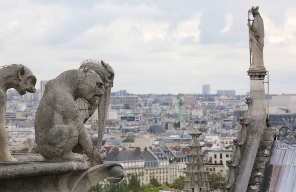 Estátua Telhado Catedral Notre Dame Paris França Enquanto Observa Cidade — Fotografia de Stock