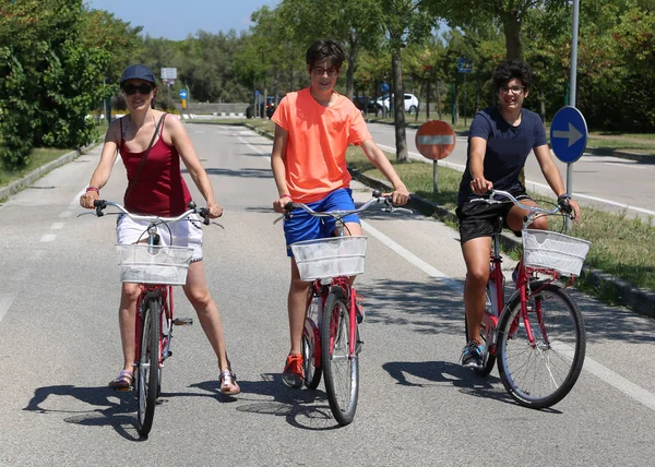 Mutter Und Zwei Brüder Auf Fahrrädern Sommer Auf Der Straße — Stockfoto