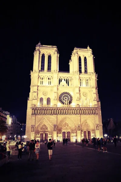 Catedrala Notre Dame Paris Noapte Unii Turiști Efect Tonifiat Vechi — Fotografie, imagine de stoc