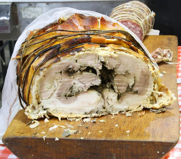 Roast Pork Called Porchetta Italian Language Stand Street Food — Stock Photo, Image