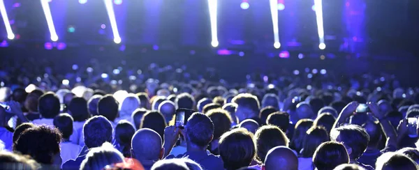 Heads of many people at live concert with blue lights and spotlights on the stage