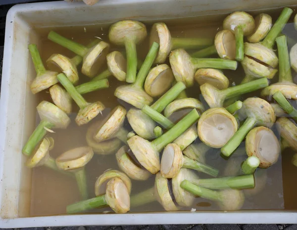 Artichoke Stalks Cold Water Ready Cooked Eaten Sale Stall Greengrocer — Stock Photo, Image