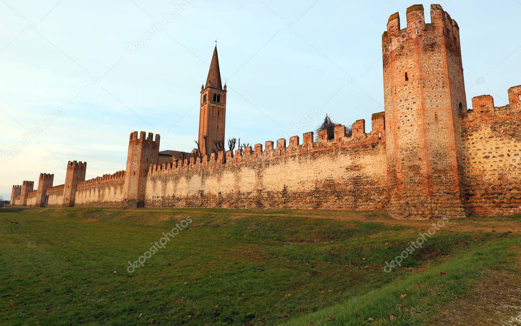 very long ancient medieval city walls for the defense of MONTAGNANA Town near the city of Padua in Northern Italy