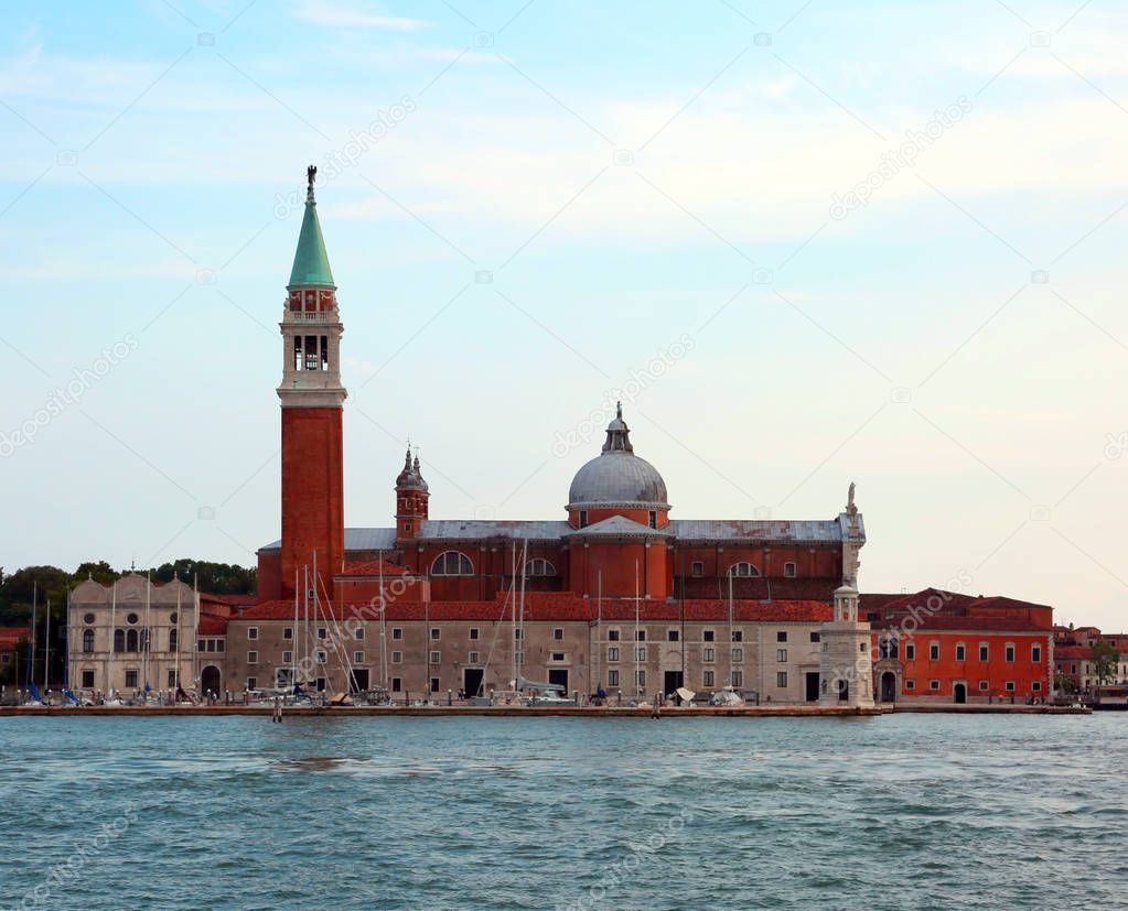 Bell tower and church of Saint George also called San Giorgio Maggiore in Italian language in Venice Italy