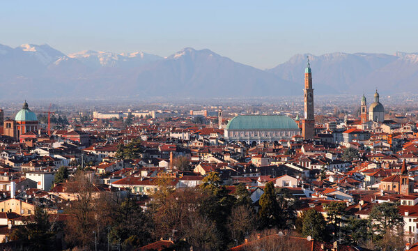 City of VICENZA in Northern Italy and the famous monument called BASILICA PALLADIANA with the ancient clock tower