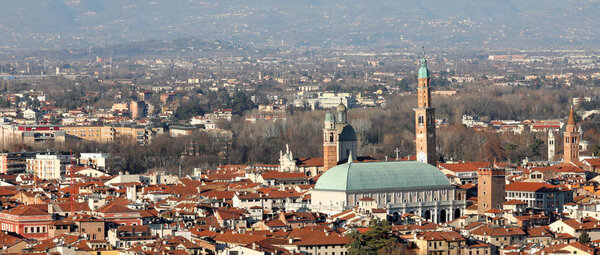 Panorama of the city of Vicenza in Northern Italy with the famous monument known as Basilica Palladiana and the ancient tower called Bissara tower