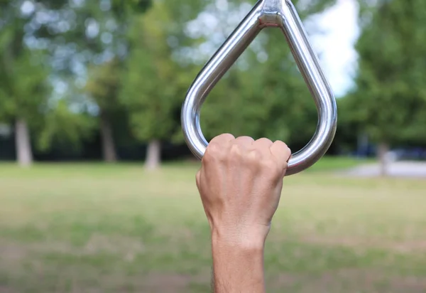 Athlete Hand Gymnastic Exercise Rings Outdoor Gym — Stock Photo, Image