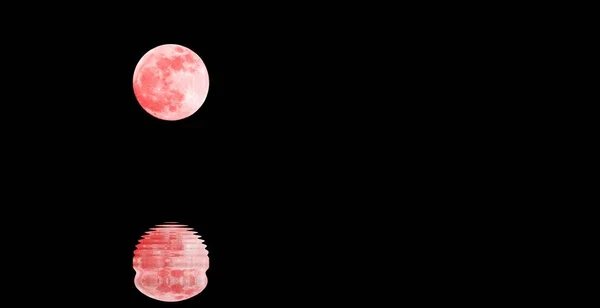 Lua Cheia Grande Vermelha Com Reflexão Sobre Água Meia Noite — Fotografia de Stock
