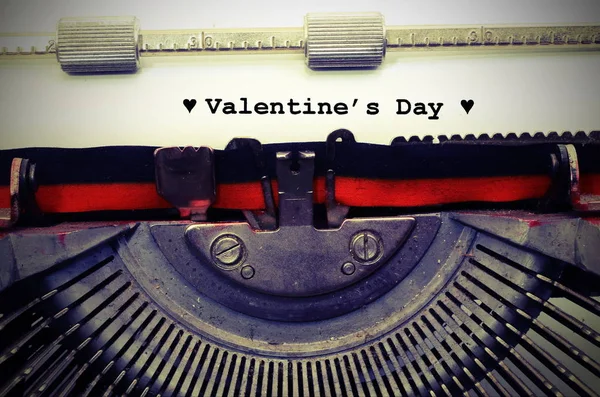 Text Typewriter Valentine Day Black Ink Two Hearts Vintage Toned — Stock Photo, Image