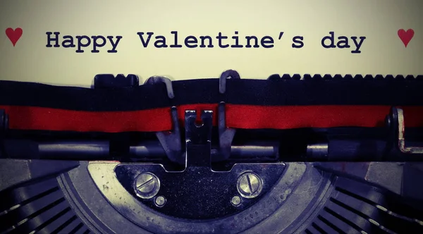 Happy Valentine Day Text Old Typewriter White Sheet Vintage Toned — Stock Photo, Image