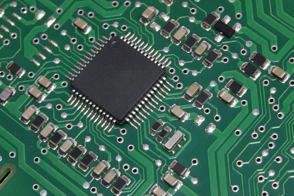 Microchip Muchos Dispositivos Una Placa Electrónica Fotografiada Con Lente Macro —  Fotos de Stock