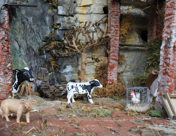 Reconstrucción Una Escena Rural Con Establo Ternero Cerdo Plástico —  Fotos de Stock