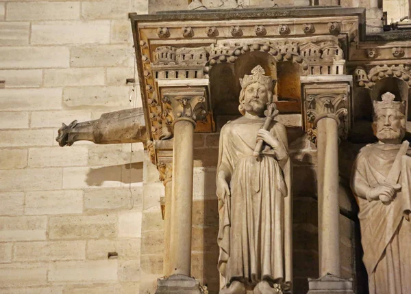 Gárgola Otras Estatuas Fachada Iglesia Notre Dame Por Noche París —  Fotos de Stock