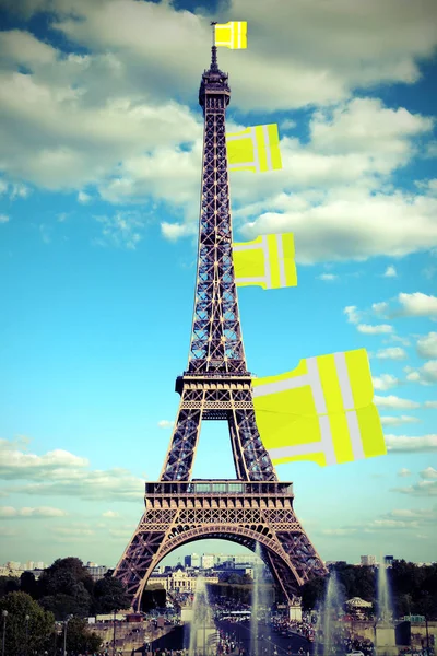 Big Flag Jackets Symbol Yellow Vests Movement Eiffel Tower Paris — Stock Photo, Image