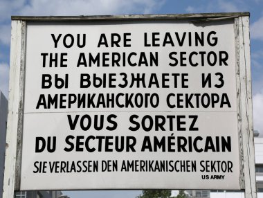Berlin, Germany - August 20, 2017: Check Point Charlie and the text in American Russian French and German Language clipart