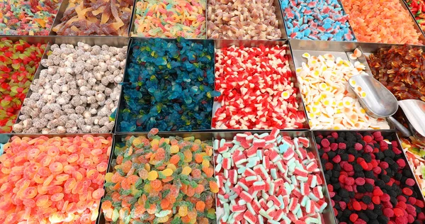 Bonbons Magasin Avec Nombreux Types Aliments Sucrés — Photo