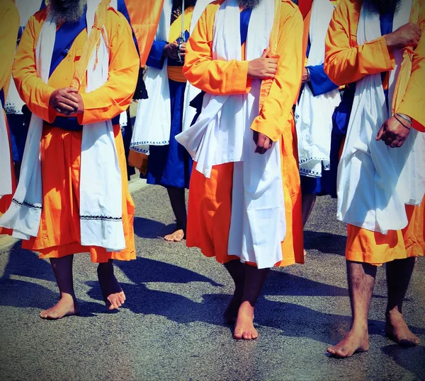 Barefoot Adherents Sikh Religion March Road Vitnage Old Effect — Stock Photo, Image