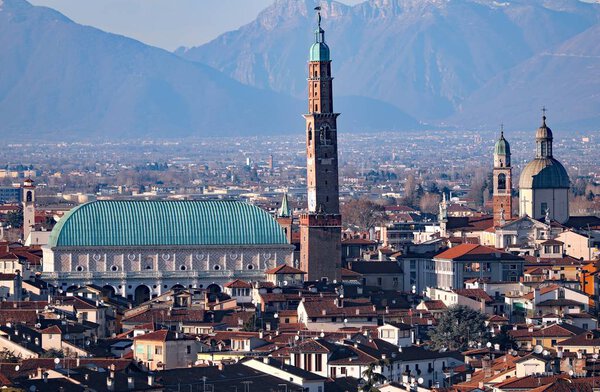 Panoramic View of Vicenza City with old palace called BASILICA PALLADIANA and ancient Churches
