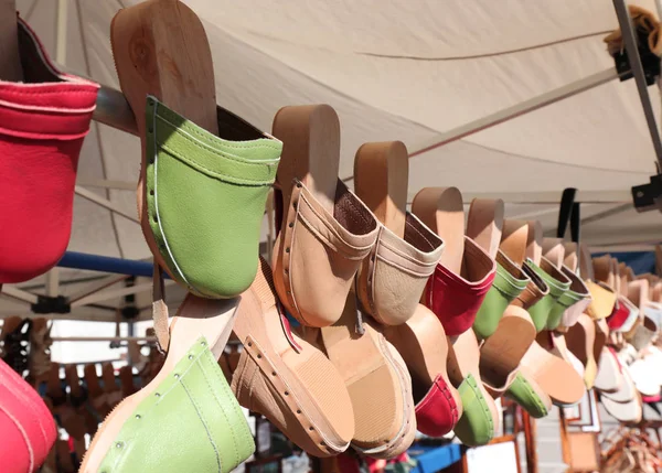 Wooden Clogs Leathers Sale Stall Handmade Shoes — Stock Photo, Image