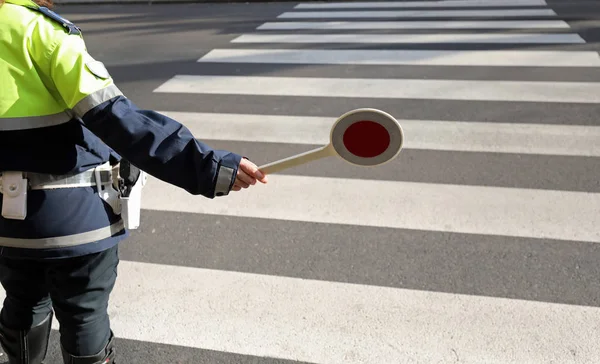 Policeman Stops Cars Pedestrian Crossing Special Pallet Regulate Traffic — Stock Photo, Image