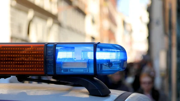 Siren of a police patrol car at a roadblock for city security — Stock Photo, Image