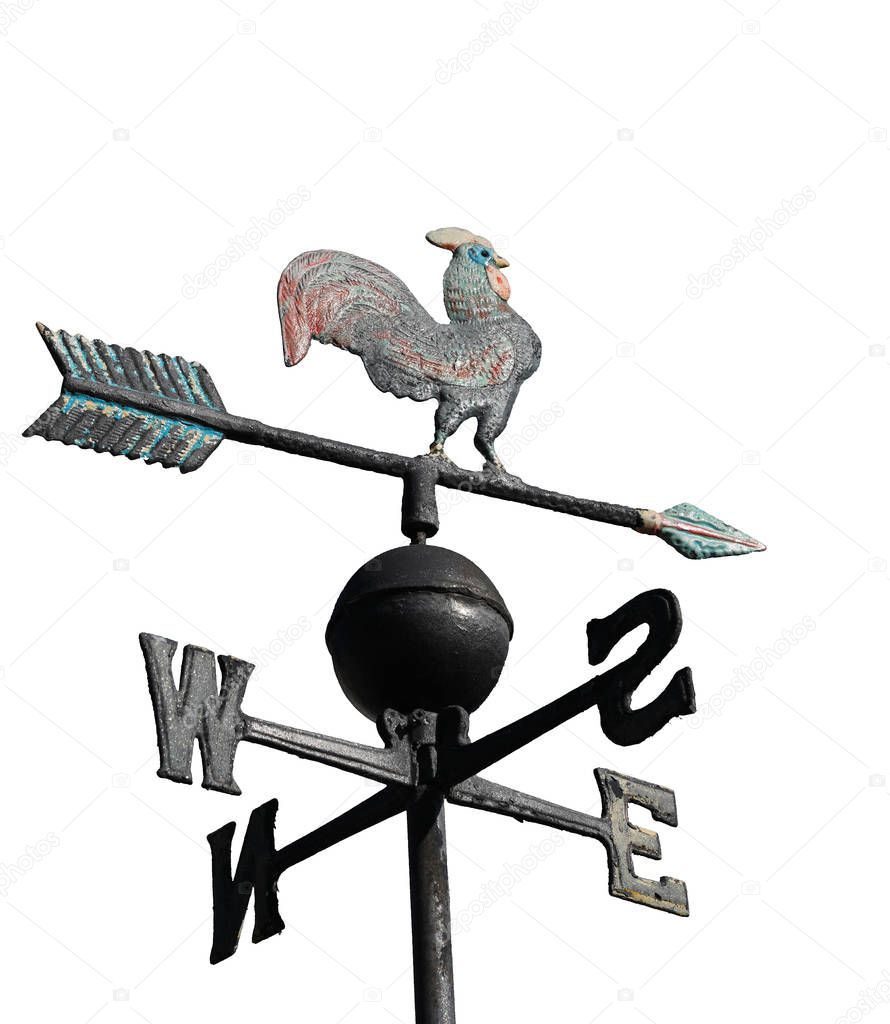 wind weather vane with cock on top and cardinal points on white 