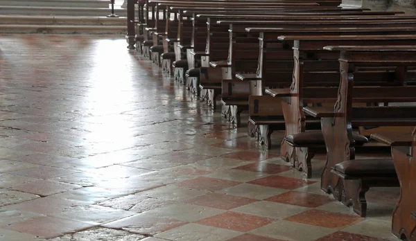 Empty church bench also called wooden pew — Stock Photo, Image