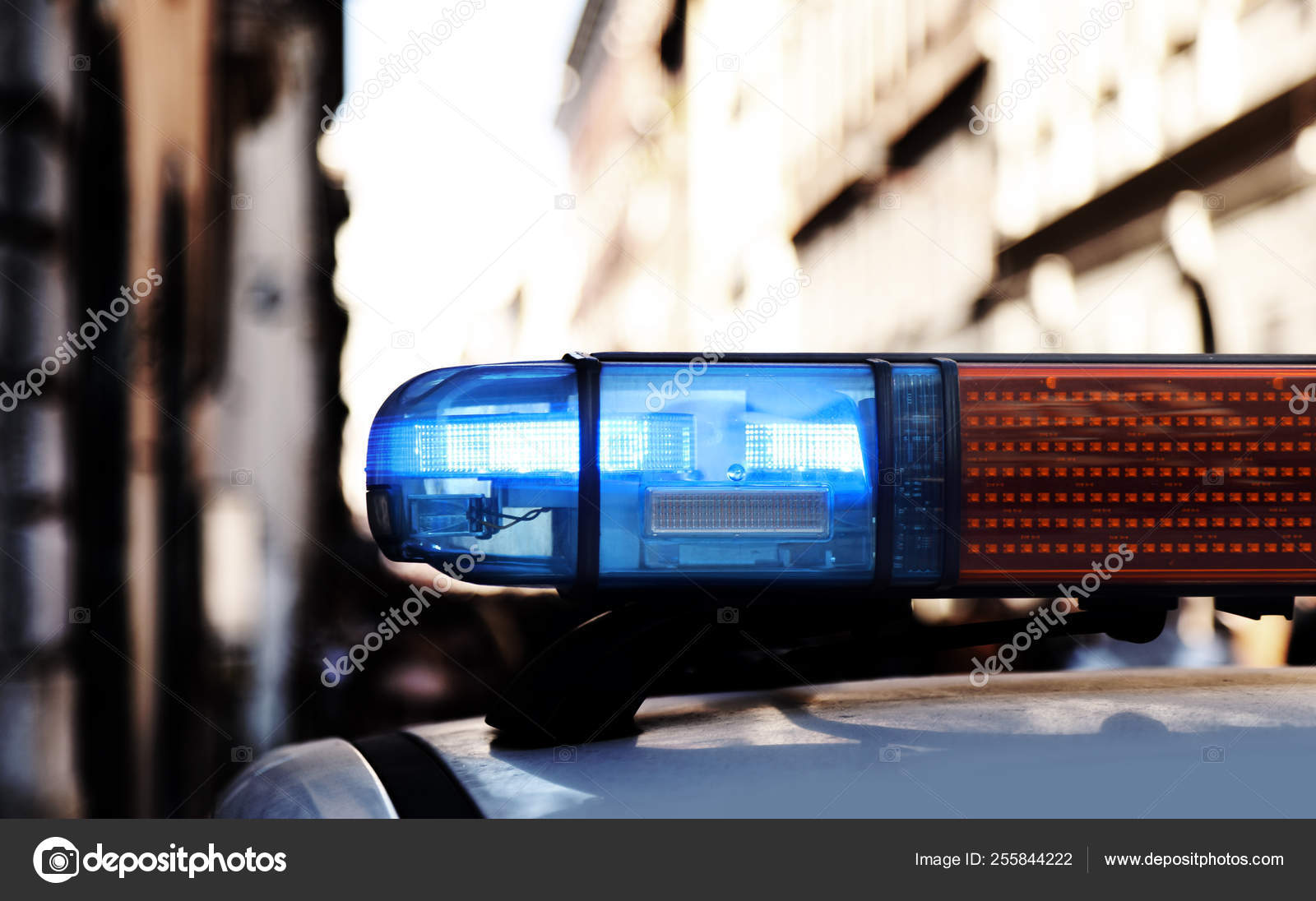 Herunterladen - Blaulicht einer Sirene eines Polizeiwagens bei einer Streife in der Stadt mit dunkler Wirkung — Stockbild Blaulicht einer Sirene eines Polizeiautos während einer Streife in der Stadt — Stockfoto