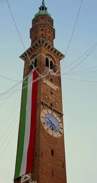 Bell tower with Italian flag in  Vicenza City in Italy — Stock Photo, Image