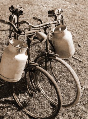 sepya tonlu etkisi ile süt taşınması için paslı bisiklet