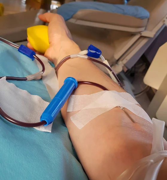 Donación de sangre en la cama de una sala médica de un hospital — Foto de Stock