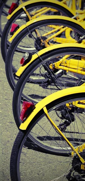 Gelbe Räder des Sharing-Bike-Systems in der Stadt abgestellt — Stockfoto