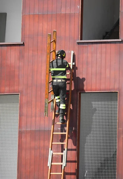 Latihan penyelamatan dengan tangga dan pemadam kebakaran dengan helm — Stok Foto