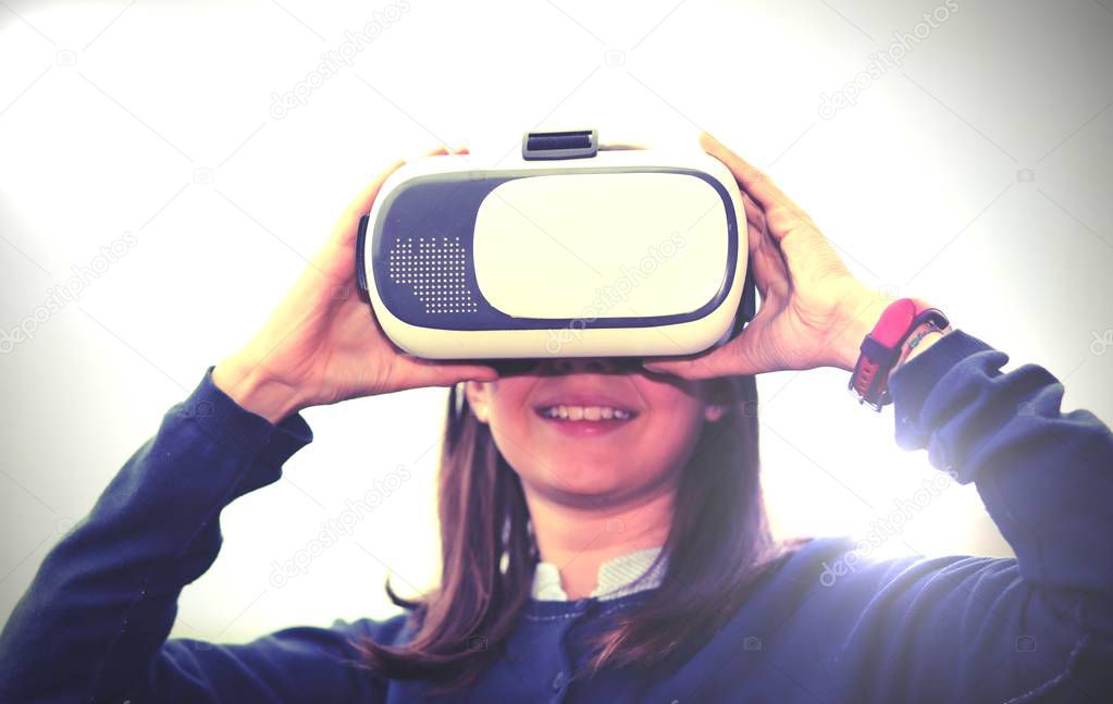 virtual reality headset and a little girl with toned effect