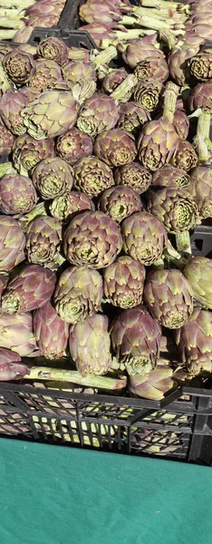 Caixa de alcachofras frescas recém-colhidas para venda no mercado — Fotografia de Stock