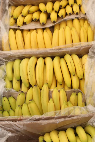 Banány z krabice pro prodej na trhu — Stock fotografie