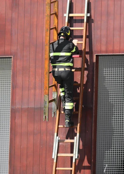 Пожарный с лестницей на пожарной станции — стоковое фото