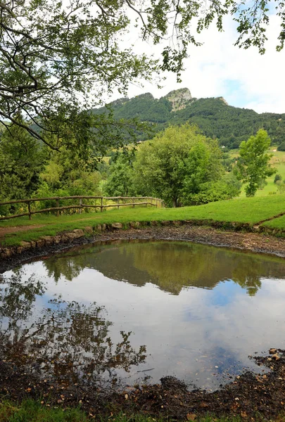 Pequeño estanque y el reflejo de las montañas en el agua — Foto de Stock