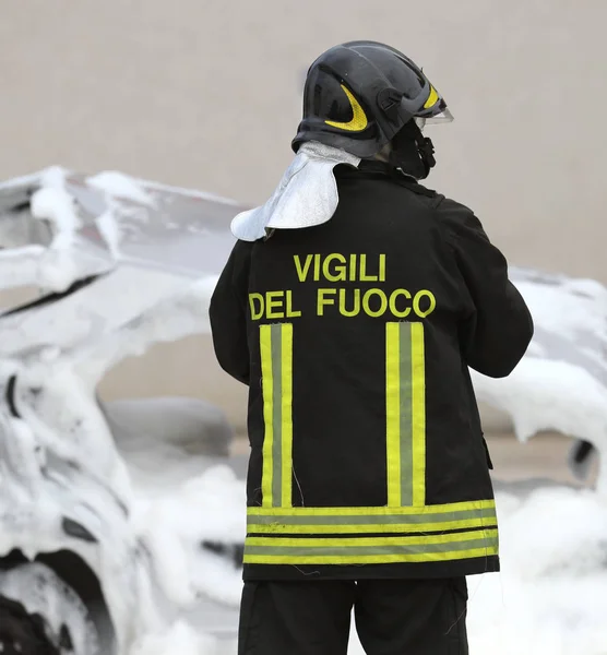 Italian fire fighter with uniform and the text — Stock Photo, Image