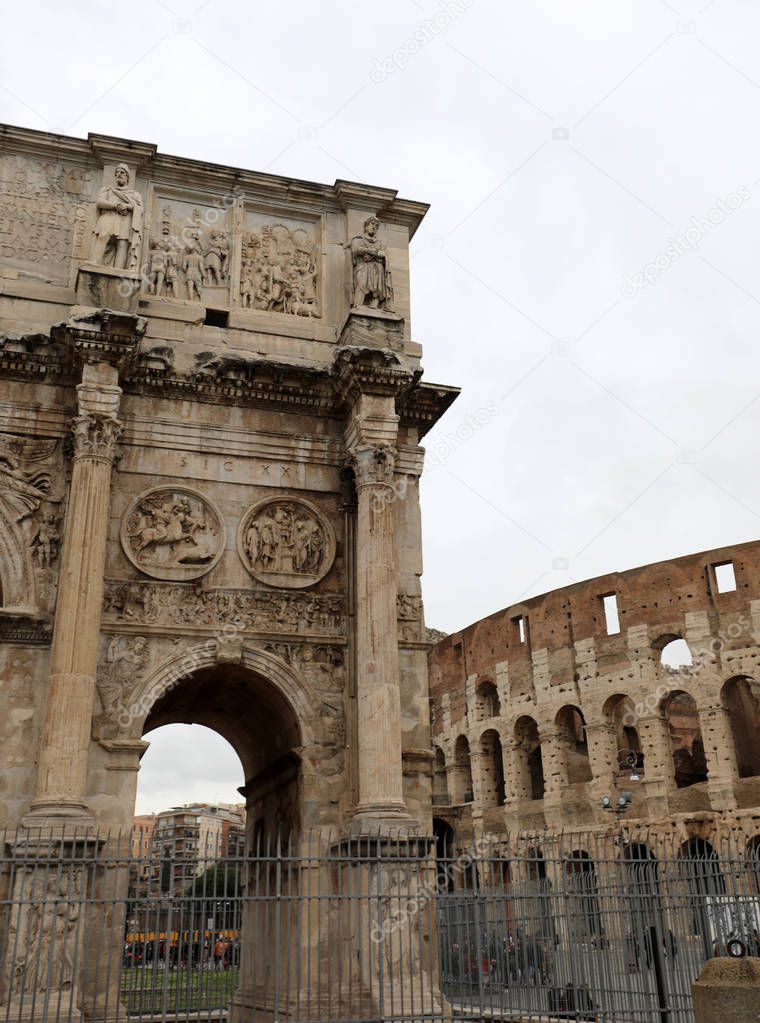 Arch of Constantine and the Colosseum in the archaeological area