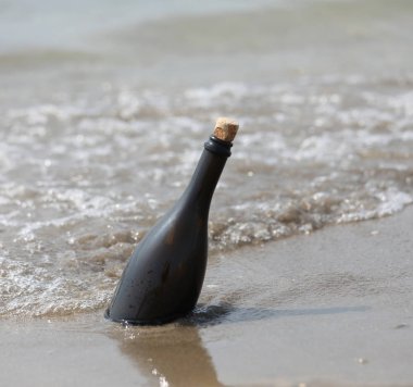denizden kıyıya taşınan bir mesaj ile şişe