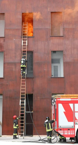 Firefighters during the fire drill — Stock Photo, Image