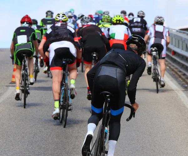 Groups Many Professional Cyclists Race City Road Climbed — Stock Photo, Image