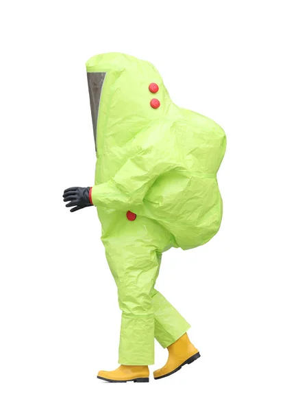 Muž Žlutým Ochranným Proti Nákaze Oblek Automatický Respirátor Bílém Pozadí — Stock fotografie